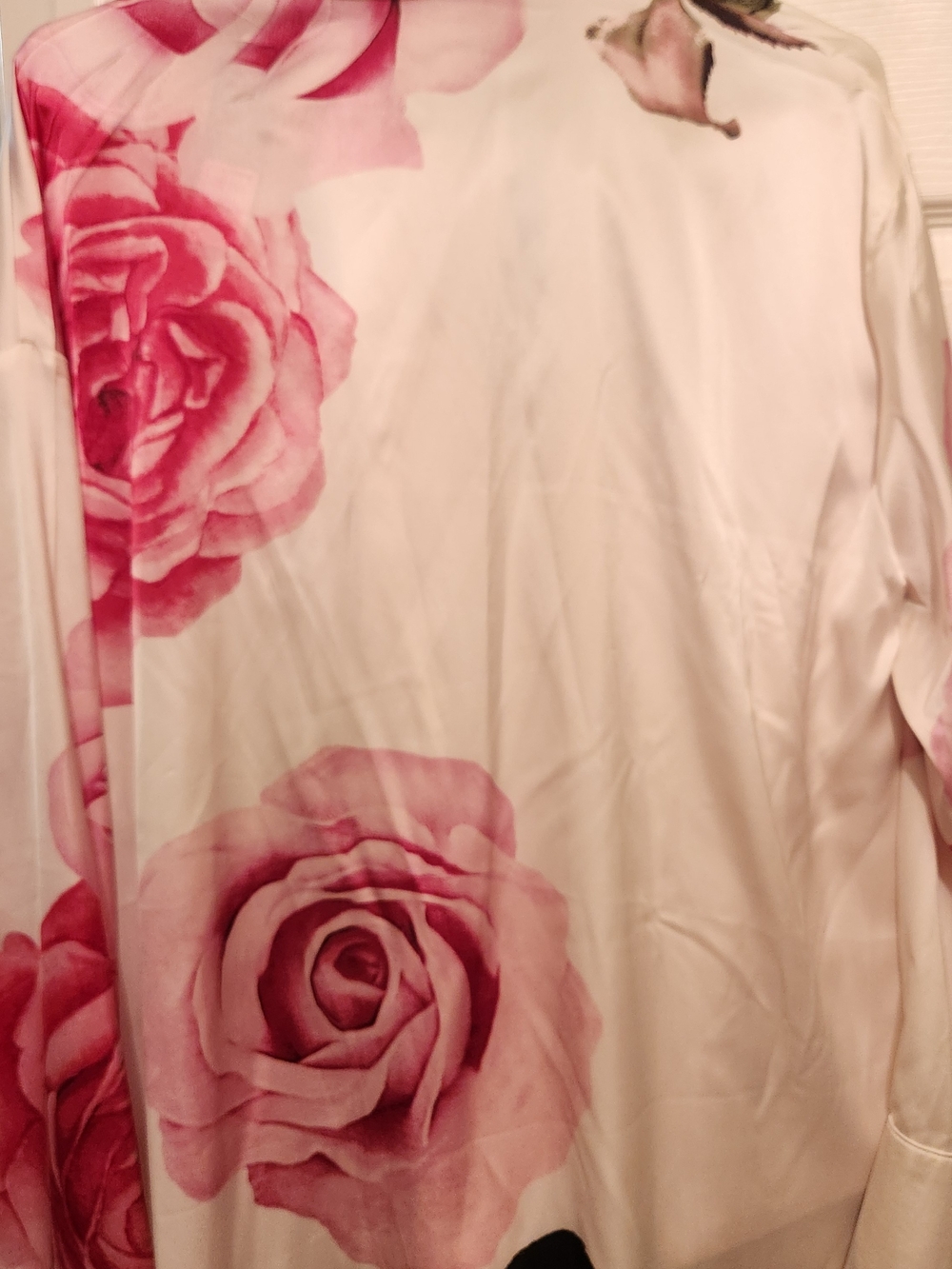 Fashion Nova White Satin Jumpsuit with Pink Rose Print